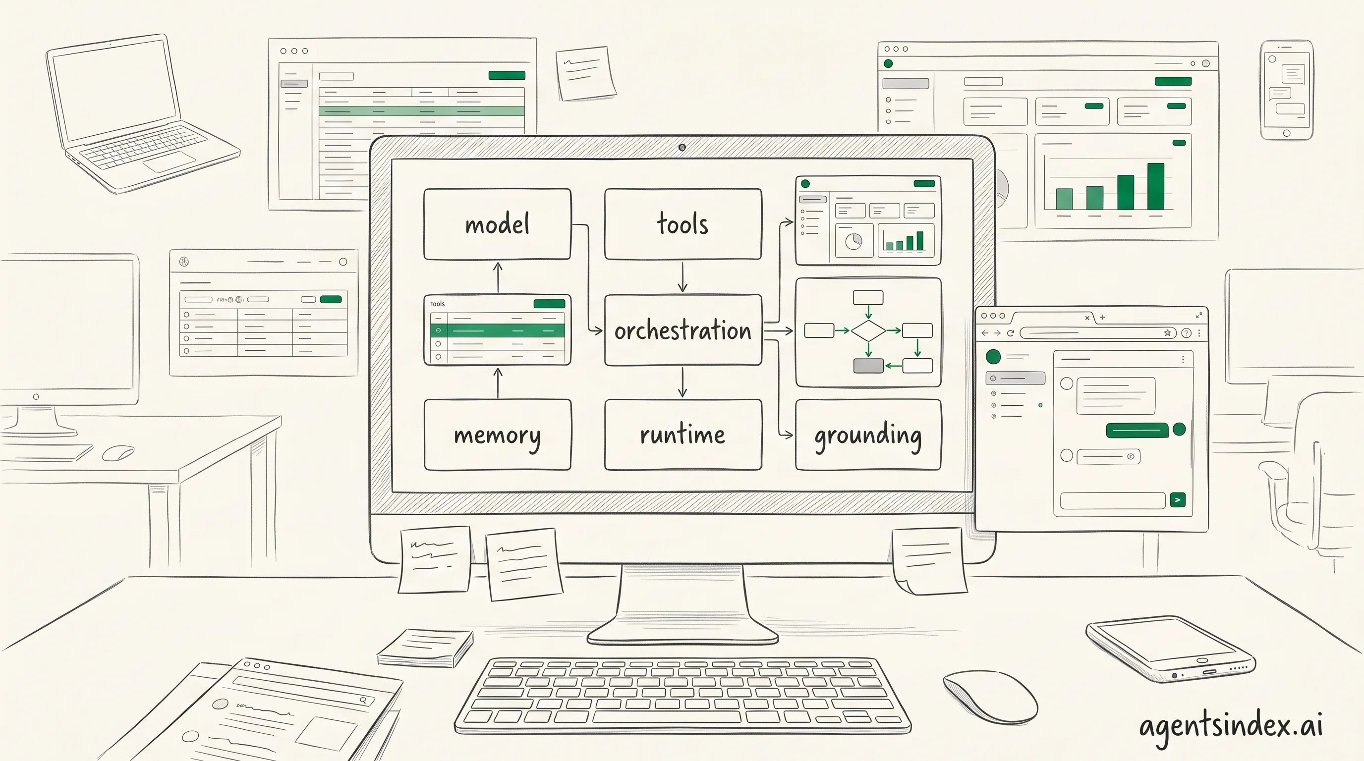 AI agent components diagram on a monitor