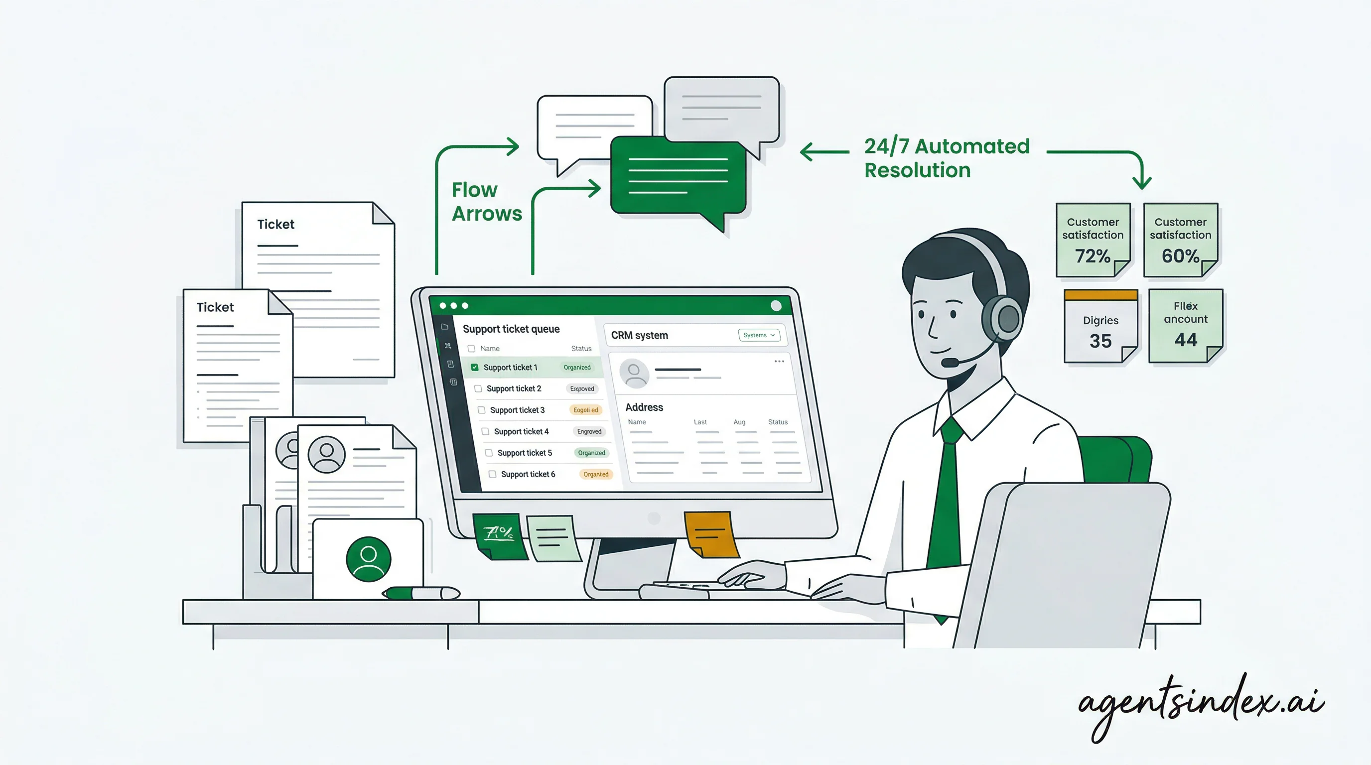 Customer support agent workspace showing AI-powered ticket resolution and CRM integration for 50-70% instant resolution rates