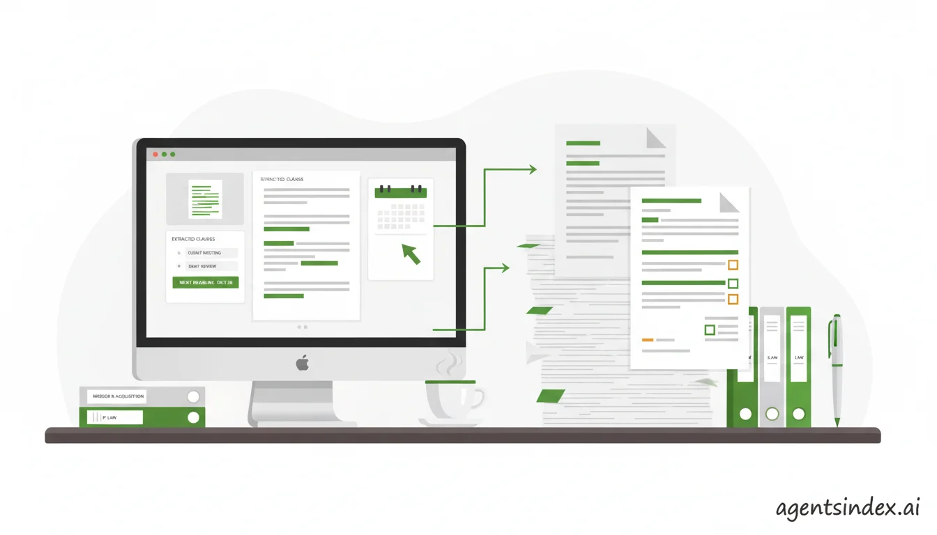 Legal document review workspace with AI agent identifying key clauses and contract risks, saving 240 hours annually