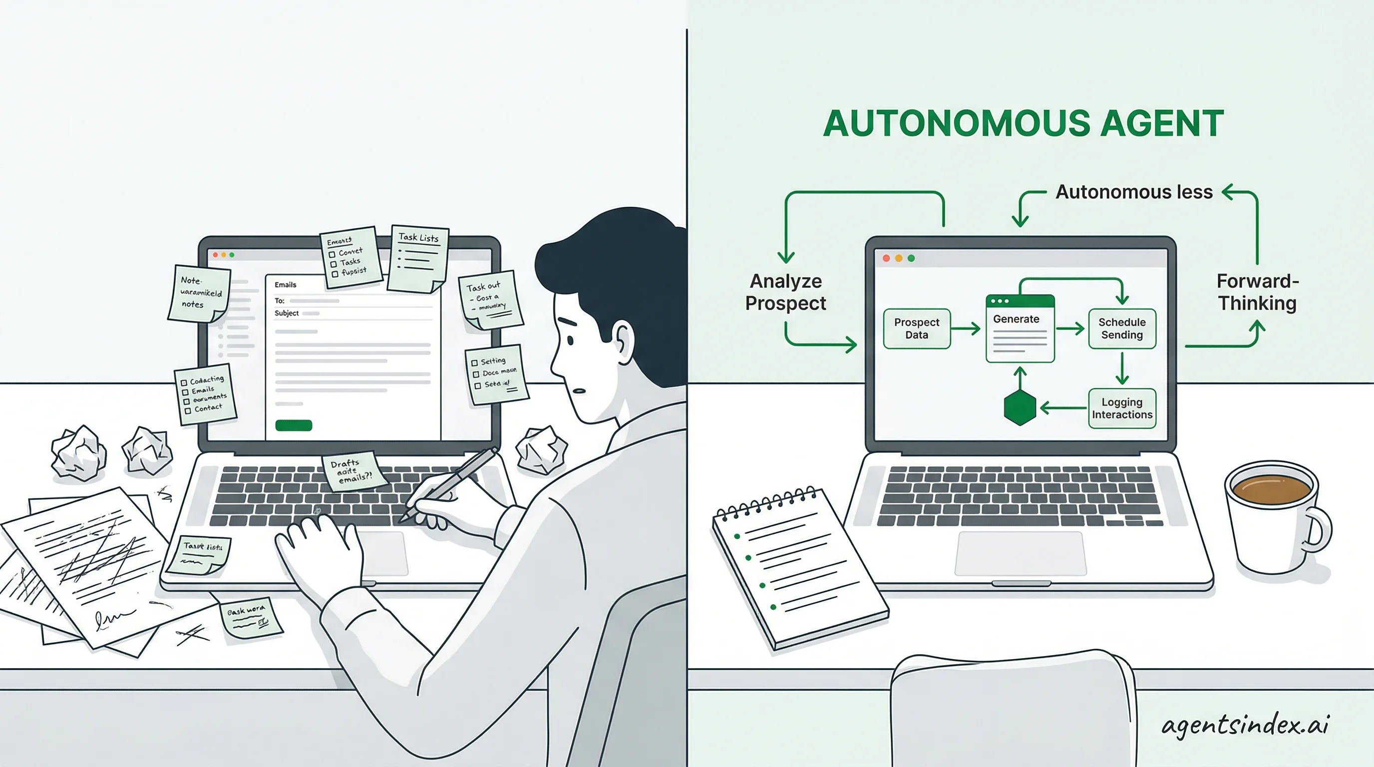 Side-by-side comparison of manual sales automation versus autonomous AI SDR agent workflow