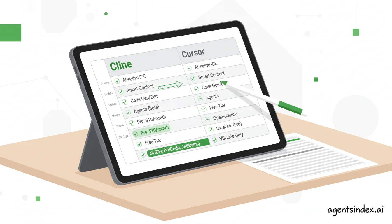 Feature comparison table between Cline and Cursor AI tools side-by-side