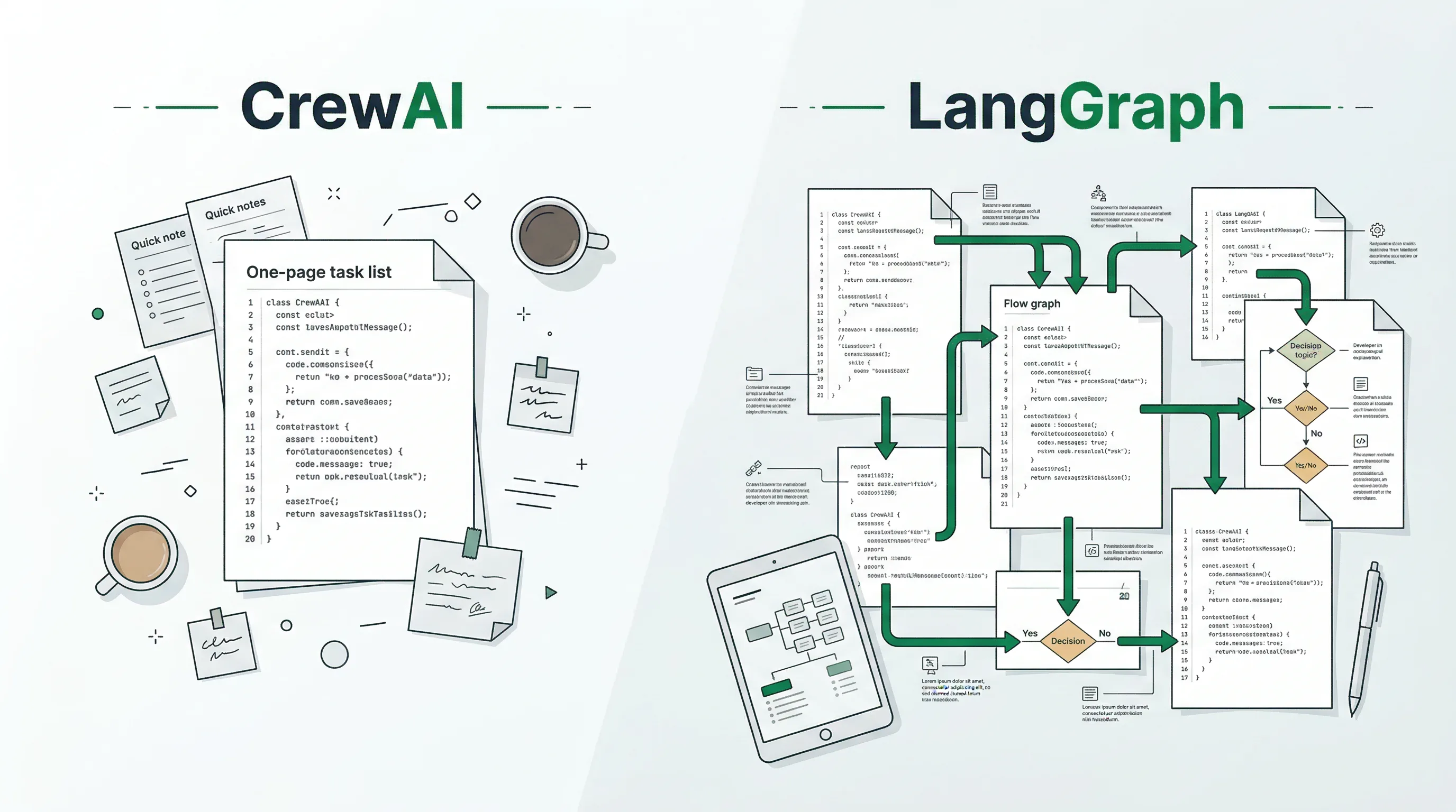 Code complexity comparison showing CrewAI versus LangGraph lines of code and workflow setup