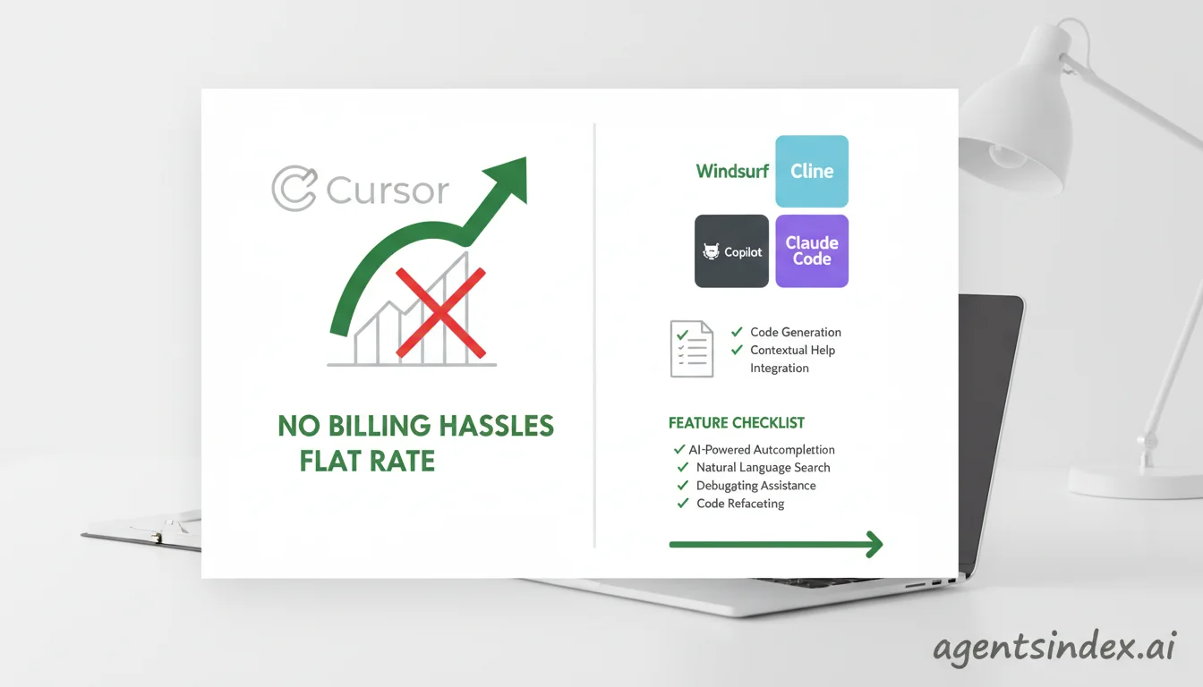 Visual comparison of Cursor alternatives including Windsurf, Cline, and GitHub Copilot options