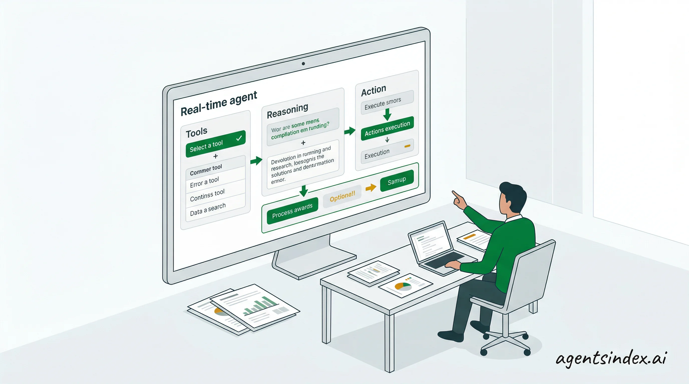 Modern workplace with LLM-based AI agent system running live on display screen during production use