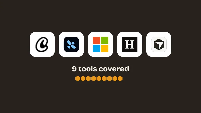 Logos of CrewAI, LangGraph, AutoGen, Harvey AI, Cursor. 9 tools covered.