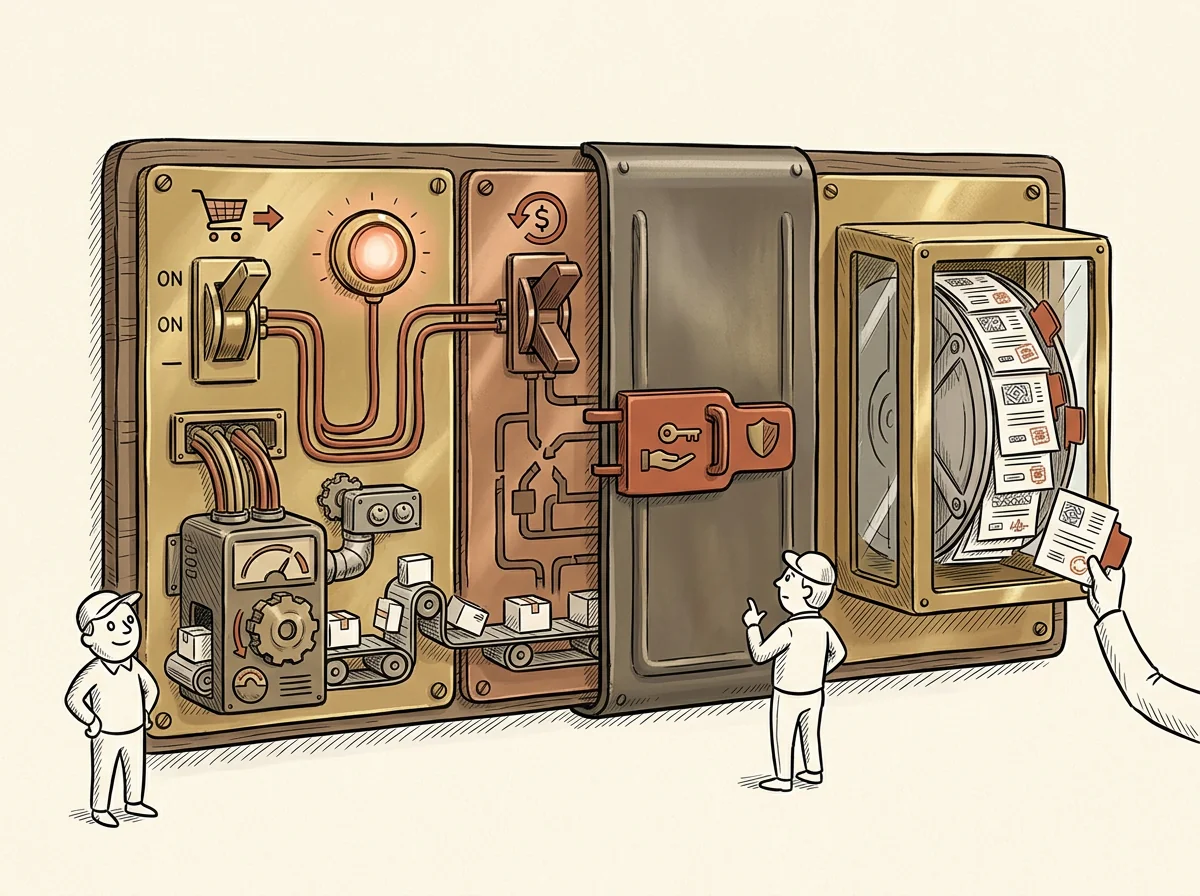 AI agents must integrate, escalate safely, and use controlled knowledge to prevent trust-killing errors — illustrated as a wall-mounted service panel with labeled switches and a locked policy compartment