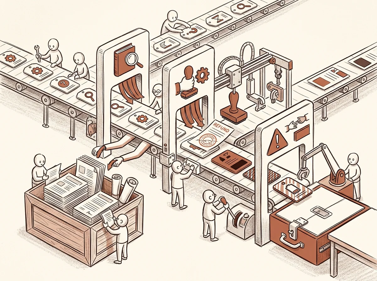 agent vs chatbot (retrieval-only vs action + safe escalation) — illustrated as An assembly-line sorting station with three labeled gates.
