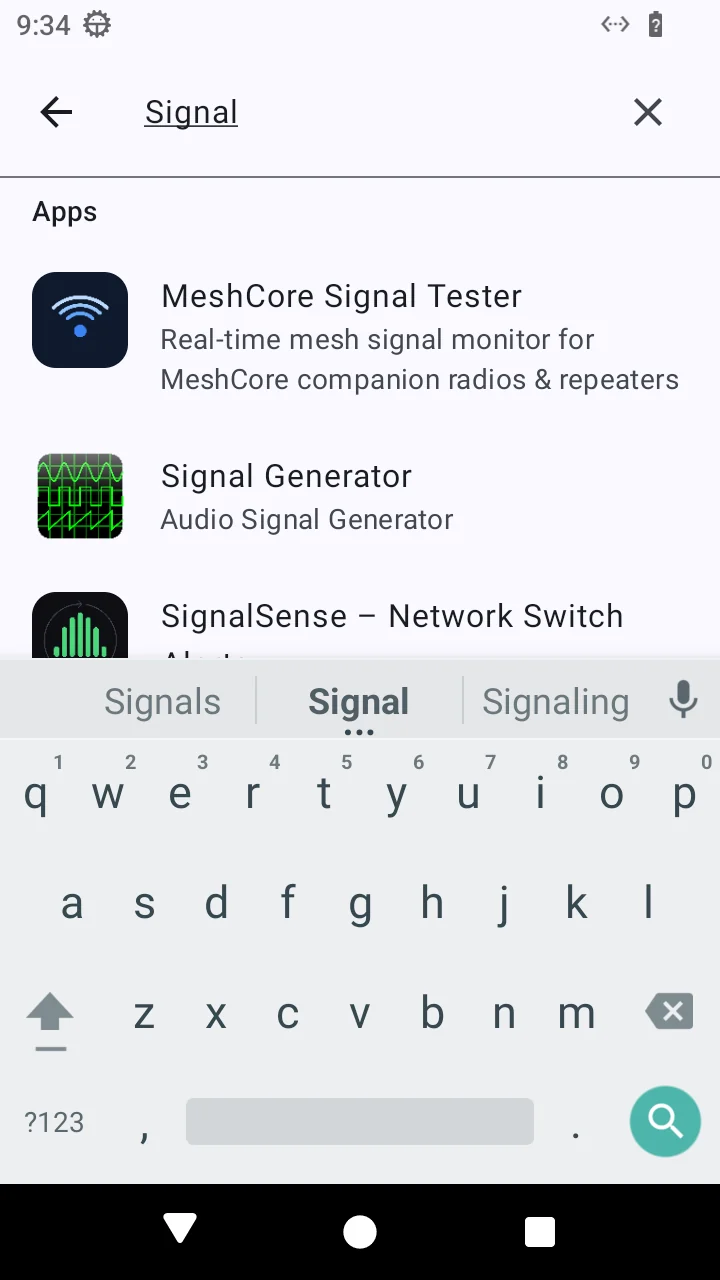 Search results and the on-screen keyboard on an ERIUS PHONE device: the screen an agent reads before it decides where to tap