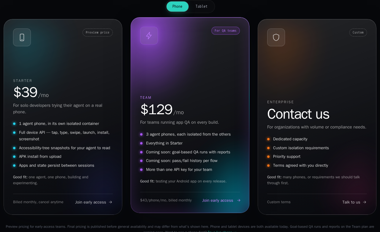 ERIUS PHONE's published early-access plans: Starter $39 a month, Team $129 a month, Enterprise on request
