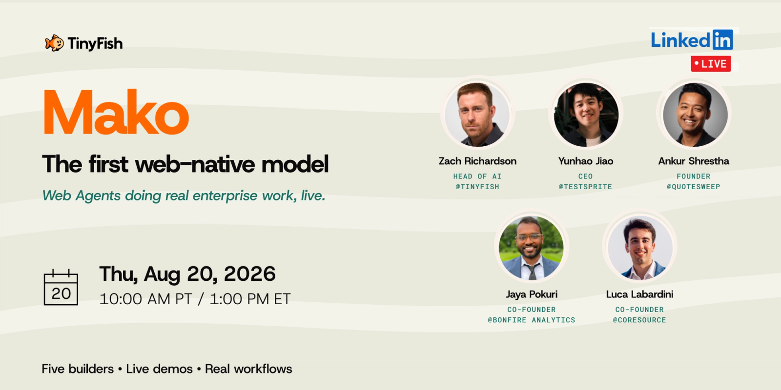 Mako, TinyFish's web-native model, featured in a live enterprise web-agent session